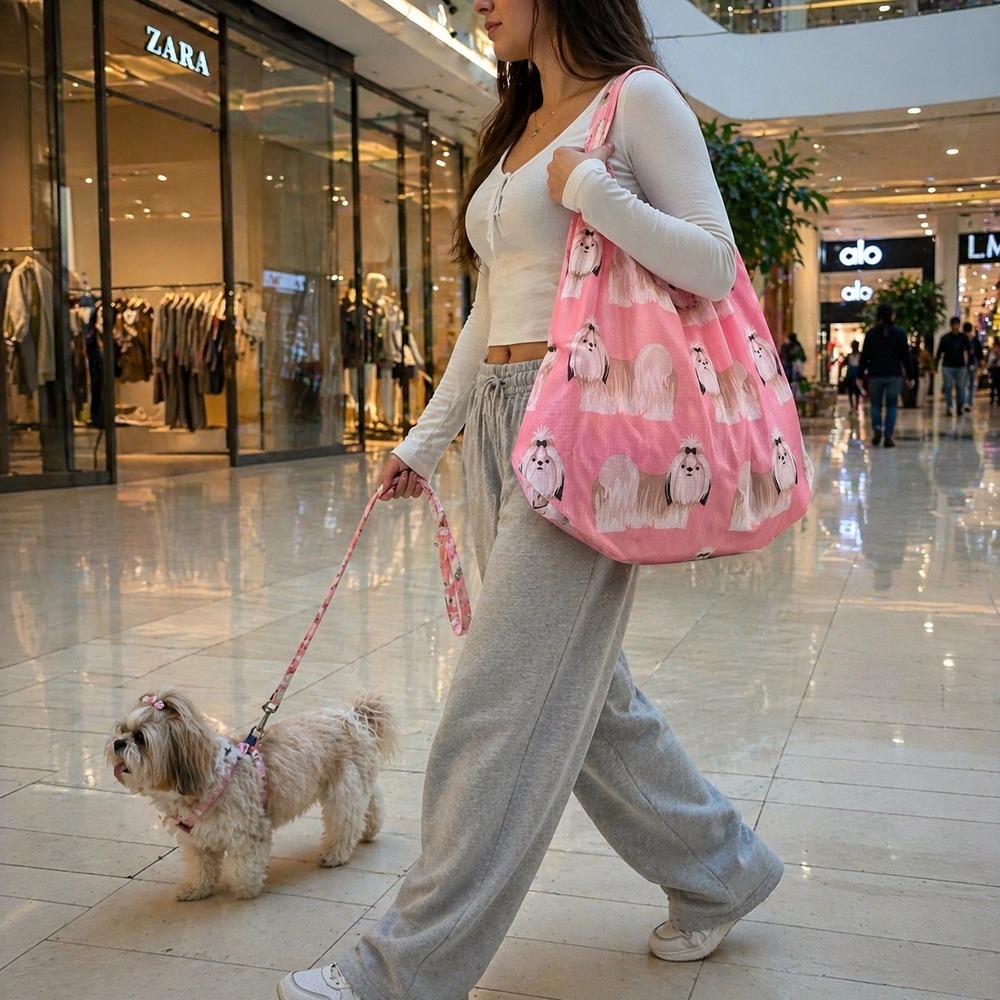 EasyEarth Shih Tzu Reusable Shopping Bag Pink Dog Print EcoSilk Tote Large - Picture 2 of 12